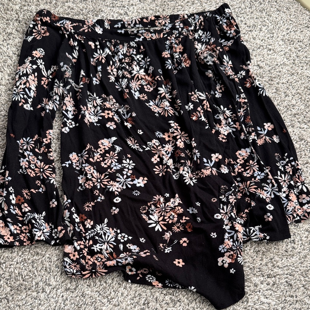 bp Floral Off-Shoulder Top in Black with Pink & White Blooms